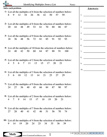 4.oa.4 Worksheets - Identifying Multiples from a List worksheet